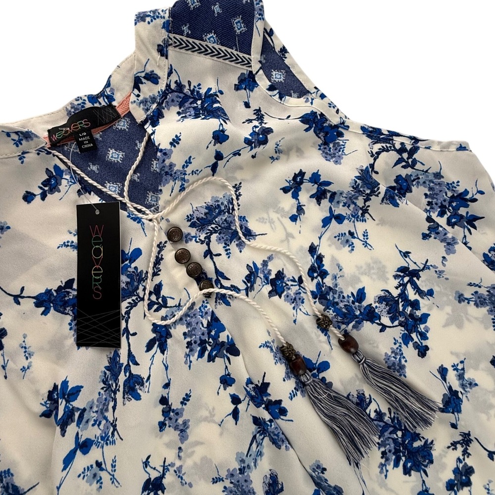 Weavers Sleeveless Blouse Top‎ L Floral Print White Blue Tassel Accents New